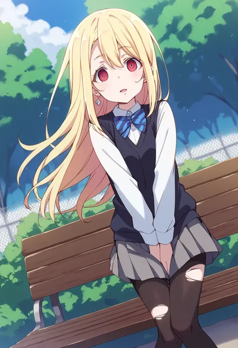 score_9, score_8_up, score_7_up, source_anime BREAK
amane lily, 1girl, torn clothes, torn legwear, blonde hair, solo, school uniform, black legwear, outdoors, bench, fence, day, empty eyes, long sleeves, white shirt, purple eyes, sweater vest, dutch angle,...