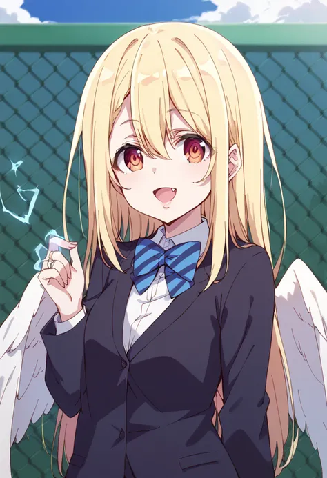 score_9, score_8_up, score_7_up, source_anime BREAK
amane lily, blonde hair, 1girl, chain, solo, fang, jewelry, angel wings, long hair, ring, school uniform, open mouth, smile, feathered wings, looking at viewer, white wings, fence, blue neckwear, red eyes...