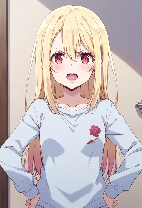 score_9, score_8_up, score_7_up, source_anime BREAK
amane lily, 1girl, blonde hair, solo, open mouth, looking at viewer, collarbone, hands on hips, hair between eyes, long sleeves, eyebrows visible through hair, red eyes, upper body, indoors, door, brown e...