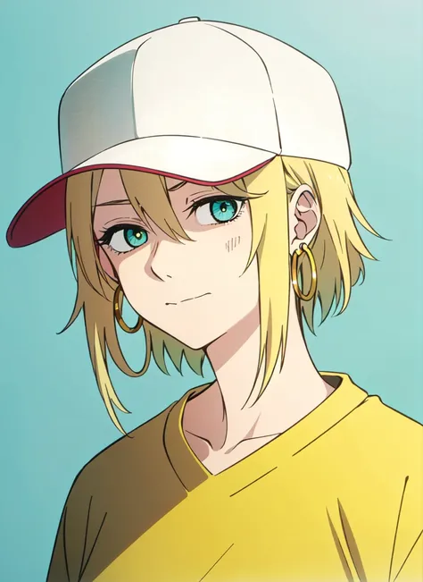 <lora:hellsparadise_style_offset:1> hellsparadise style, masterpiece, best quality, 1girl, aqua eyes, baseball cap, blonde hair, closed mouth, earrings, green background, hat, hoop earrings, jewelry, looking at viewer, shirt, short hair, simple background,...