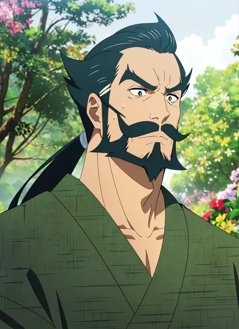 <lora:hellsparadise_style_offset:1> hellsparadise style,1boy, male focus, solo, facial hair, thick eyebrows, beard, black hair, ponytail, japanese clothes, green kimono, outdoors, kimono, blurry background, mustache, blurry, frown, sweatdrop, mature male, ...