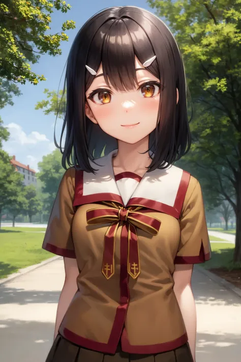 masterpiece, best quality, 1girl, miyuschoolb, black hair, brown eyes, hairclip, brown school uniform, skirt, smile, upper body, looking at viewer, solo, outdoors, blue sky, park background <lora:MiyuEdelfelt:1>