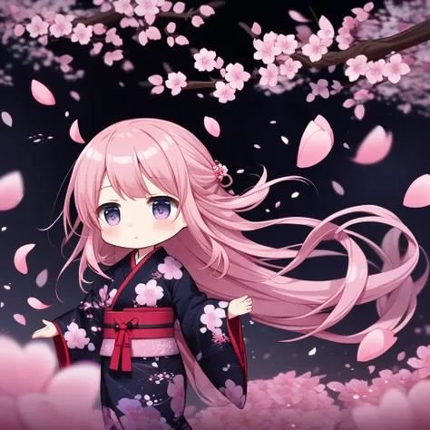 chibi 1girl, kimono, obi, expressionless, blush, looking to the side, detailed eyes, clear eyes, pink long hair, windy, floating hair, upper body, 
depth of field, flowers, petals, night magical environment, dark background, floating petals, night, depth w...