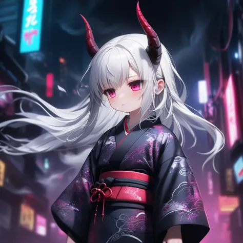 anime girl with horns and a kimono outfit in a city