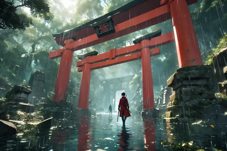 ((masterpiece,best quality)), 1boy, long sleeves sweater, long pants, red theme, from behind below, short hair, socks, closeup, focus to boy, walking on water, walking under torri gates, shoes, ripples, ancient ruins, purifying paper and spirit, torii gate...