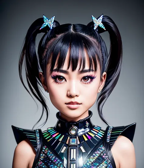 raw photo, hyper real photo of moametal japanese woman with with twintails hair in black dress with iridescent reflections sequi...