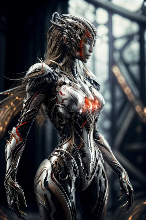 VeronicaCipher, WARFRAME, intricate pattern,  energy lines,red  glowing eyes, long silver hair, wind blown hair,  elegant, intense, biomechanical , transparent armor, bloody wings, solo, desert, sunny, bright,  claws, veins, 
dramatic lighting,
(masterpiec...