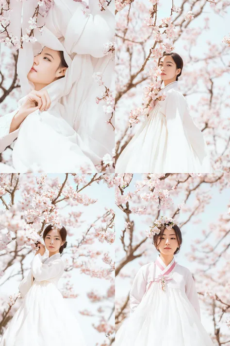 masterpiece,
full shot_photo of a girl in ivory hanbok surrounded cherry blossom, at the noon, blue sky background,
well-proport...