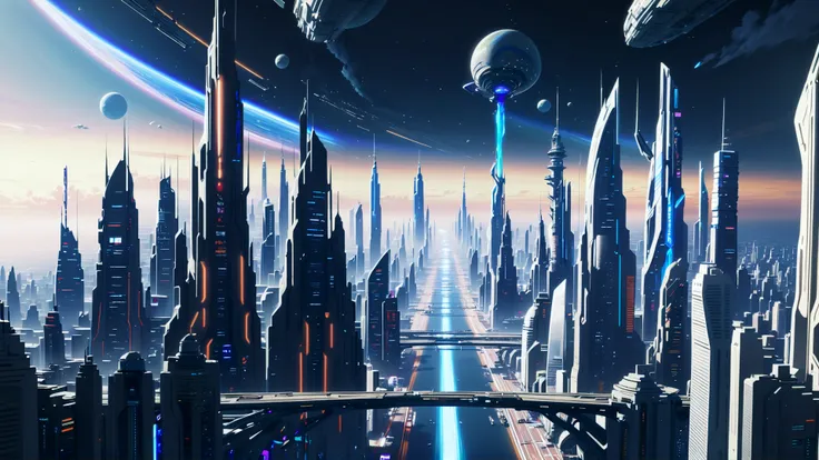 futuristic city with a bridge and a spaceship flying over it