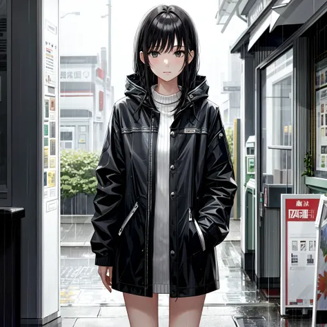 masterpiece, best quality, official art, a woman wearing a raincoat standing in front of a convenience store in the rain