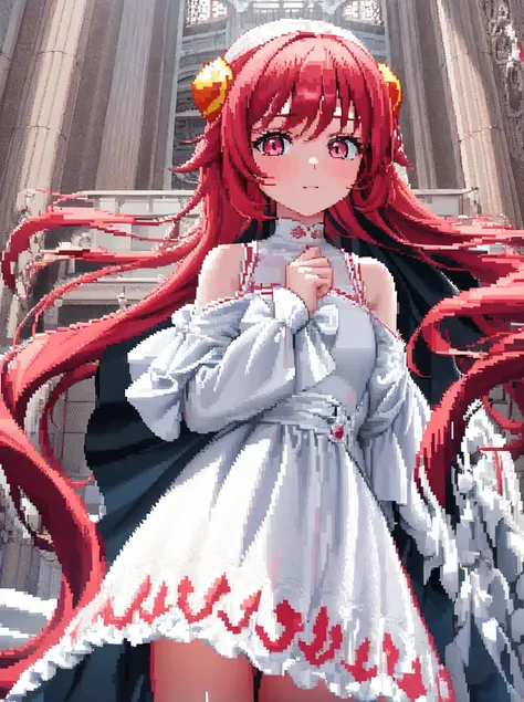 1girl, red hair, long hair, pink eyes, head horn, white dress, white white shoes, (pixel art), small details, ultra detailed