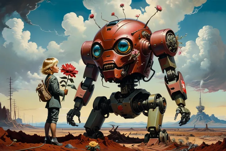 asymmetrical composition,  contrapposto, (art concept by Salvador Dali), (cute soviet punk mecha:1.6), (giving a flower to an alien), ultra-wide lens perspective, low angle perspective, grim, moody, surreal film, cinematic evening  light, (blood and dirt o...