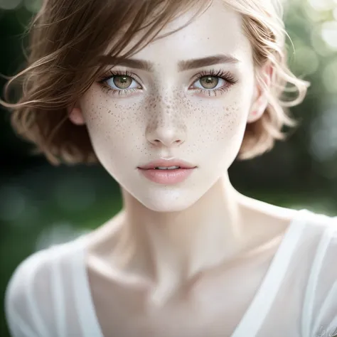 detailed and realistic portrait of a woman with a few freckles, round eyes and short messy hair shot outside, wearing a white t ...