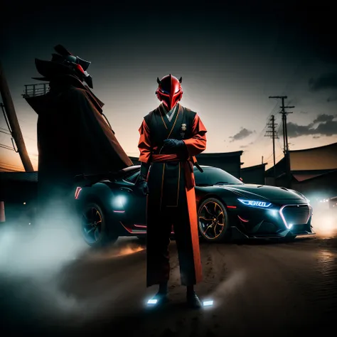 photo, MeijiJapan style a person riding a horse drawn carriage down a dirt road, (Man:1) in red trendy clothing wearing mask and Open face Helmet, standing in front of a cool sports cars Neon Underlights, Buildings in background, Nighttime Sky <lora:djzJoh...