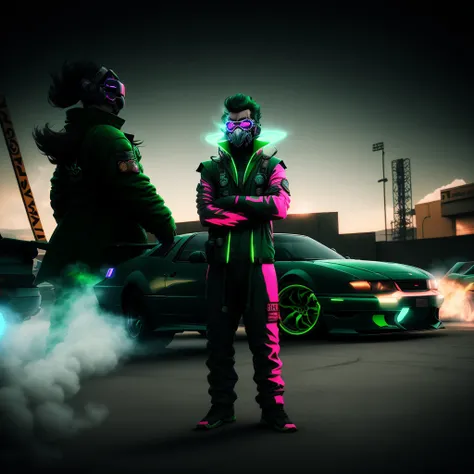 photo, NeonMutation style a psychedelic image of a man with glasses and a beard, (Woman:1) in green Flight Suit wearing mask and pompadour, standing in front of a cool sports cars doing a burnout, Buildings in background, Daytime Sky <lora:djzJohnsonDesuV1...