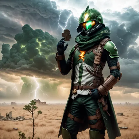 photo, MushroomLove style a large cloud with lightning coming out of it, (Man:1) in green trendy clothing wearing mask and Open face Helmet, ruins in background, Daytime Sky <lora:djzJohnsonDesuV15-Zenkai-256:1>