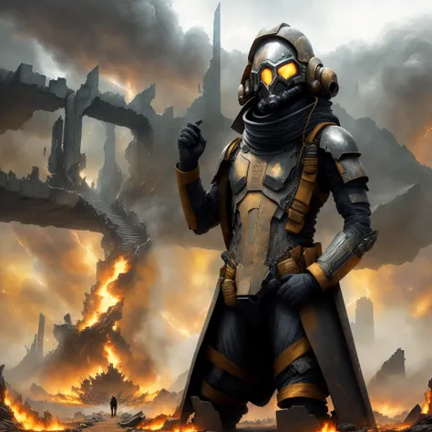 photo, CosmicGate style a painting of a stairway going up into a fire filled sky, (Man:1) in yellow Flight Suit wearing mask and Open face Helmet, Buildings in background, Nighttime Sky <lora:djzJohnsonDesuV15-Zenkai-256:1>