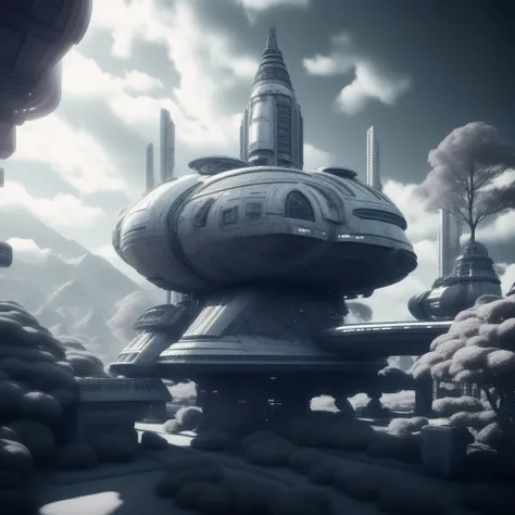 photo, monochrome style, an image of a sci - fi spaceship in a sci - fi environment <lyco:JohnsonDesuZenkai-V21-Lyco:1.0>