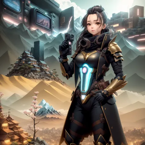 photo, KawaiiPro style an illustration of a television set with a mountain scene on the screen, (Woman:1) in yellow Plate Armor wearing mask and pompadour, Buildings in background, Nighttime Sky <lora:djzJohnsonDesuV15-Zenkai-256:1>