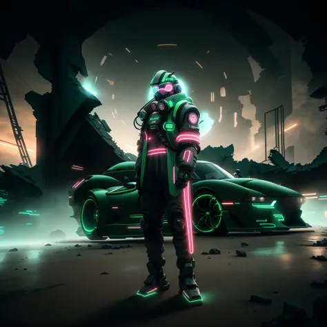 photo, HyperDrive style an image of a sci - fi machine in a sci - fi environment, (Man:1) in green trendy clothing wearing mask and sunglasses, standing in front of a cool sports cars Neon Underlights, ruins in background, Daytime Sky <lora:djzJohnsonDesuV...