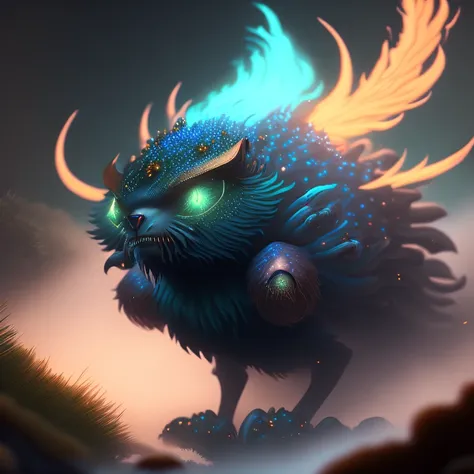masterpiece portrait of a black-colored (air-elemental:1.6) based cute fantastic creature looking at the viewer, ((tiny cute-looking eyes, cerulean-colored eyes)), ((fluffy-textured body)) (((phoenix-body))) (((behemoth-head))), (((in a jungle))) (((air-pa...