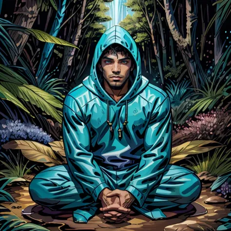 a man in a blue hoodie sits in the middle of a jungle