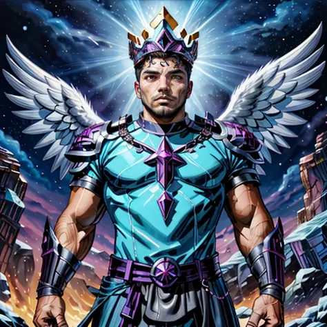 a man in armor with wings and a crown on his head