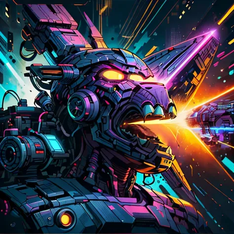 a poster of a robot with glowing eyes and a gun in front of a space background