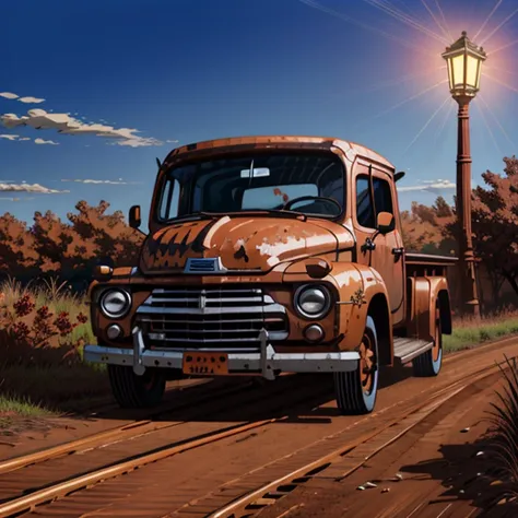 rusty old truck on a dirt road with a lamp post