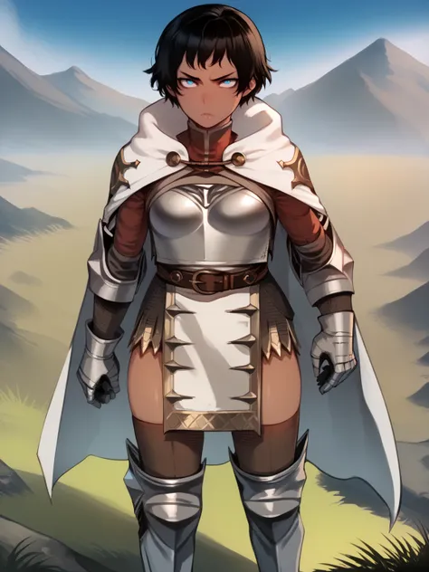 a woman in armor standing in front of a mountain