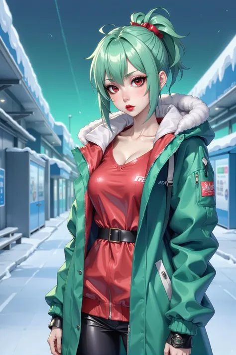 a woman in a green coat and red top standing in a subway