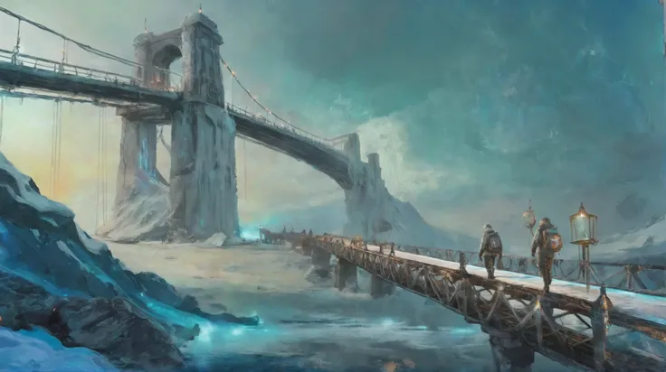 painting of a bridge with people walking across it in the snow