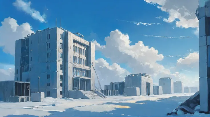 anime scene of a city with a building and a snow covered street