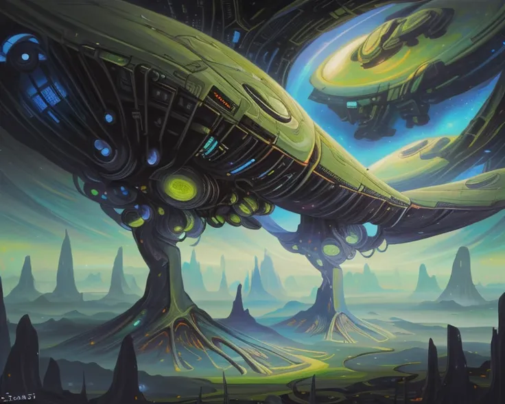 painting of a spaceship flying over a futuristic alien land