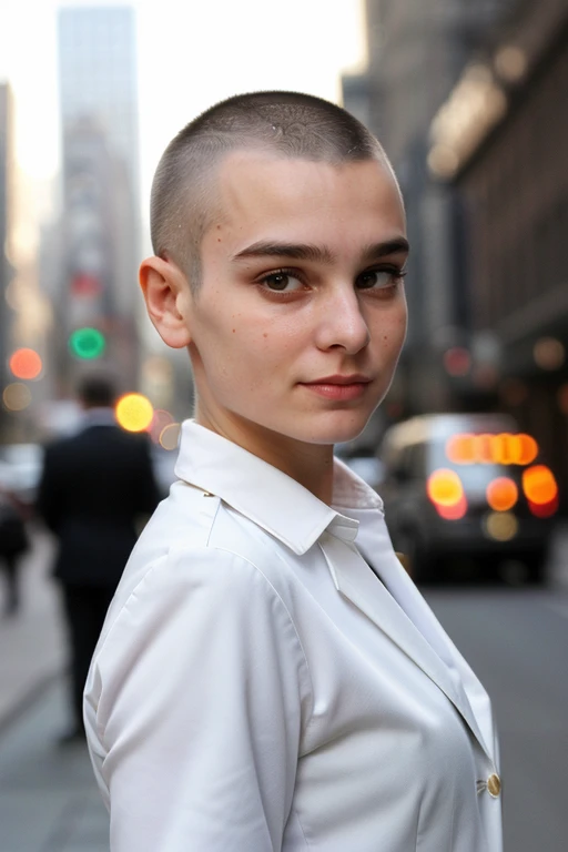 SineadOConnor-100, (buzzcut haircut:1.3), photography by (Rodney Smith:1.3), ((upper body focus, shoulders)), modelshoot, pose, (business suit, black jacket, white blouse, facing viewer, busy Manhattan sidewalk, looking at viewer, blurry background, bokeh,...