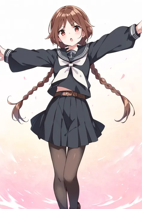 score_9, score_8_up, score_7_up, source_anime BREAK
tachibana yuzuki, 1girl, solo, twin braids, school uniform, serafuku, brown hair, white neckwear, black legwear, brown eyes, arms up, black serafuku, open mouth, black skirt, pleated skirt, long sleeves, ...