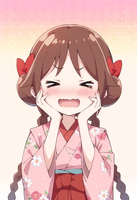 score_9, score_8_up, score_7_up, source_anime BREAK
tachibana yuzuki, 1girl, solo, japanese clothes, kimono, > <, blush, brown hair, twin braids, open mouth, hair bow, closed eyes, hands on own face, red bow, floral print, pink kimono, twintails, hands on ...