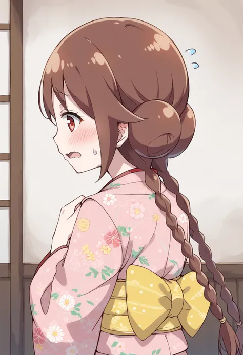 score_9, score_8_up, score_7_up, source_anime BREAK
tachibana yuzuki, 1girl, japanese clothes, brown hair, kimono, solo, twin braids, open mouth, flying sweatdrops, wavy mouth, floral print, blush, pink kimono, from behind, sweatdrop, looking back, red eye...