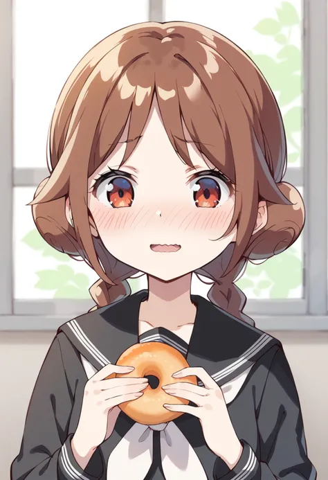 score_9, score_8_up, score_7_up, source_anime BREAK
tachibana yuzuki, 1girl, solo, blush, twin braids, brown hair, school uniform, looking at viewer, open mouth, red eyes, upper body, long sleeves, holding food, serafuku, eyebrows visible through hair, ani...