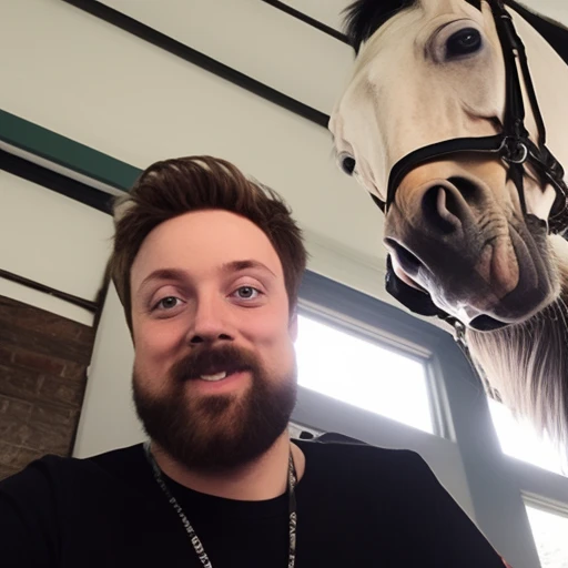 a photo of a man with a beard in black shirt taking selfie with a ((horse)), perfect, highest quality, [bokeh], 8k, perfect, hig...