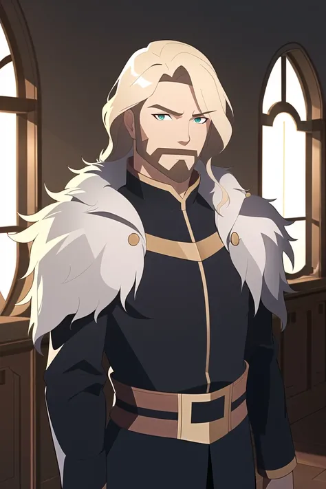 vox machina style, (very detailed background:1.5), indoors, castle, 
1boy, armor, bangs, black armor, black coat, blonde hair, blue coat, green eyes, closed mouth, coat, cowboy shot, expressionless, fur-trimmed coat, fur trim, hair between eyes, looking at...