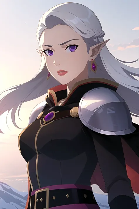 vox machina style, 1girl, black coat, silver details, hood, between breasts, white hair, purple eyes, breasts, black cape,circlet, earrings, elf, forehead jewel, gloves, jewelry, lips, long hair, long pointy ears, looking at viewer, medium breasts, multipl...