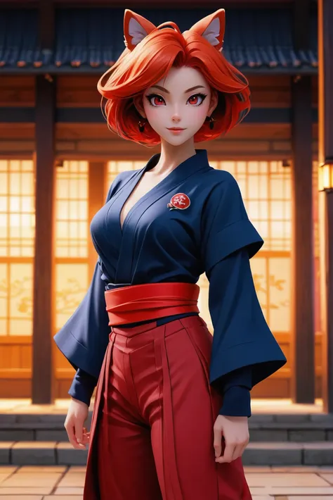 cgi, anime style, 1girl, woman, fantasy,japanese spy lord, hakama trousers, kitsune mask, bombshell hair, sparkling color:red ha...