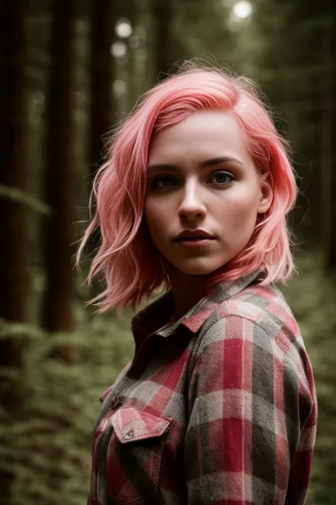 portrait of a beautiful [girl | woman] with pink hair in a red plaid shirt standing in the forest, wispy hair, contrast, texture...