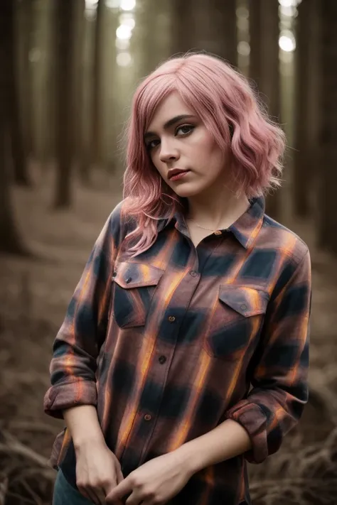 portrait of a beautiful [girl | woman] with pink hair in a red plaid shirt standing in the forest, wispy hair, contrast, texture...