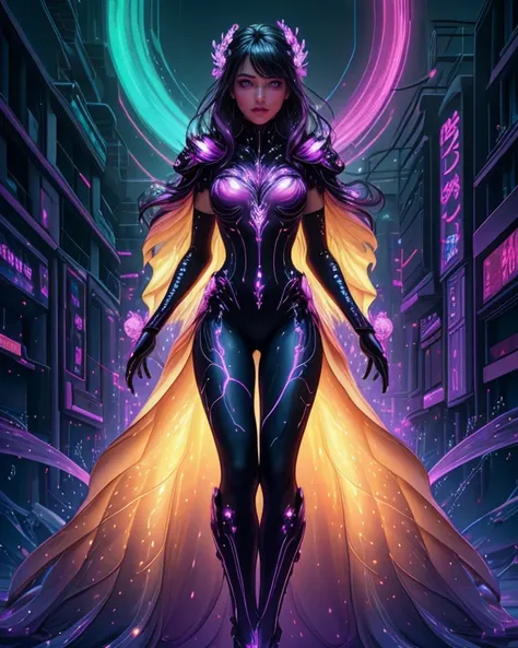 a woman in a purple and black outfit standing in a city