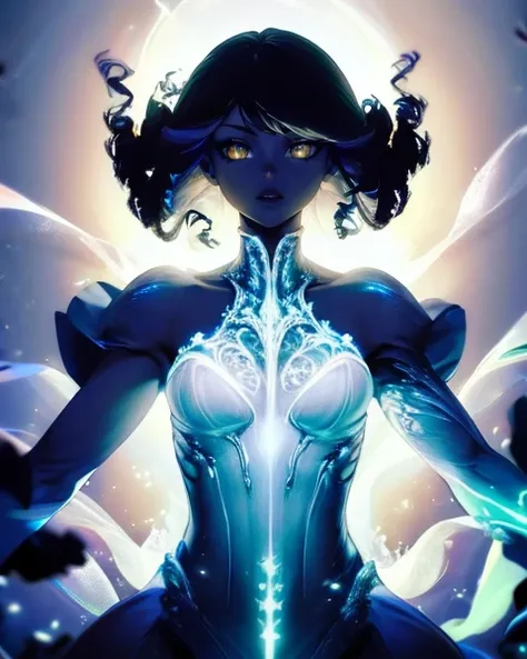 a woman in a blue dress with a glowing body and wings