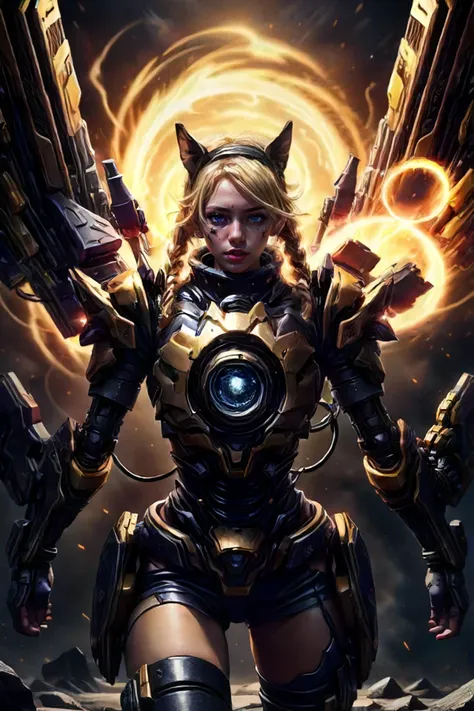 a woman in a cat suit holding two guns and a halo