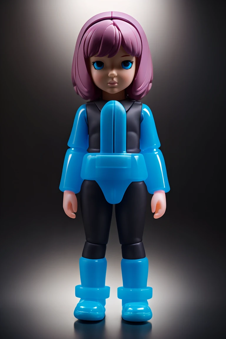 full-length (plastic toys:1.3) plastic girl toy MEDICOM, plastic clothing. As hand made toys style, looking at the camera, pastel colors, matte plastic, dark background, more detail <lora:toys:0.8>