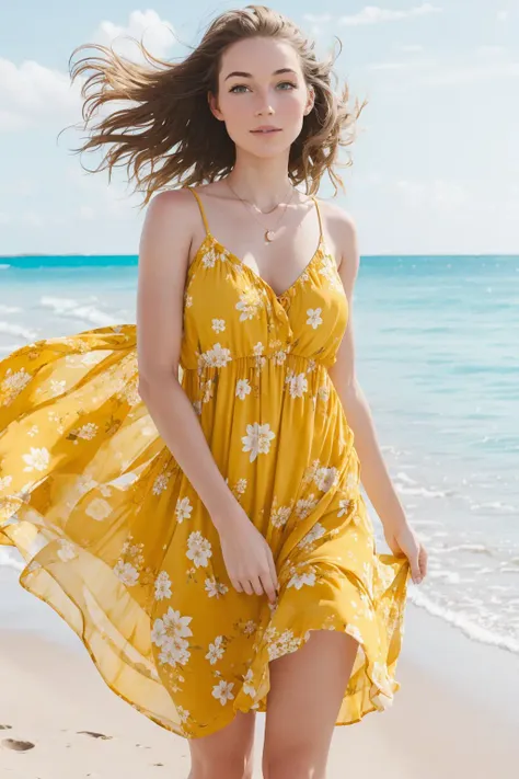 1girl , floral, yellow dress, epic, beach, windy